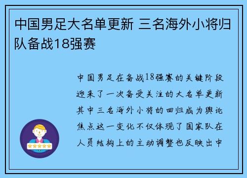 中国男足大名单更新 三名海外小将归队备战18强赛